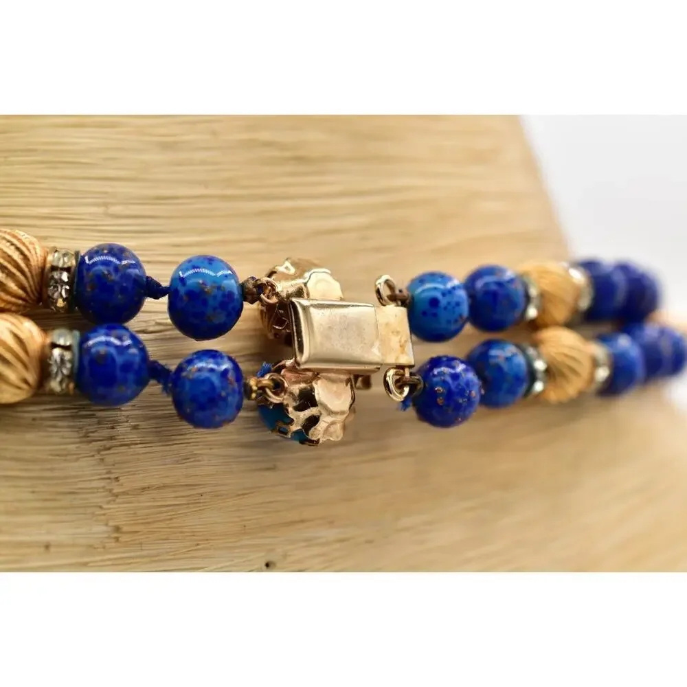 Vintage Lapis Lazuli Collar Beaded Necklace Layered Gold Tone Crystal 70s BinBD